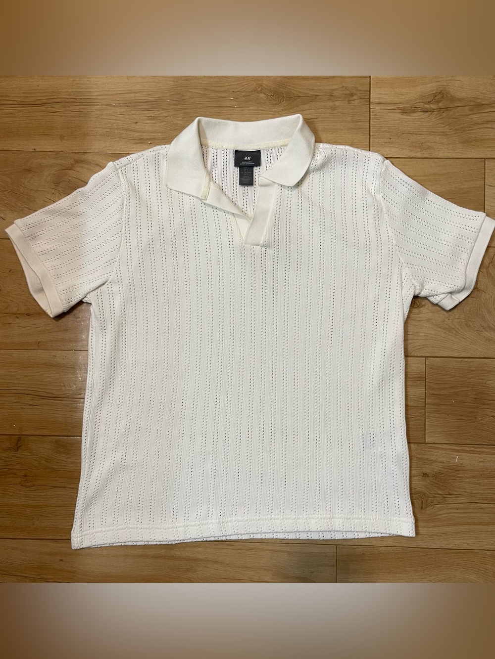 H&M Men's L Cream Pointelle Johnny Collar Cotton Blend Polo Sweater